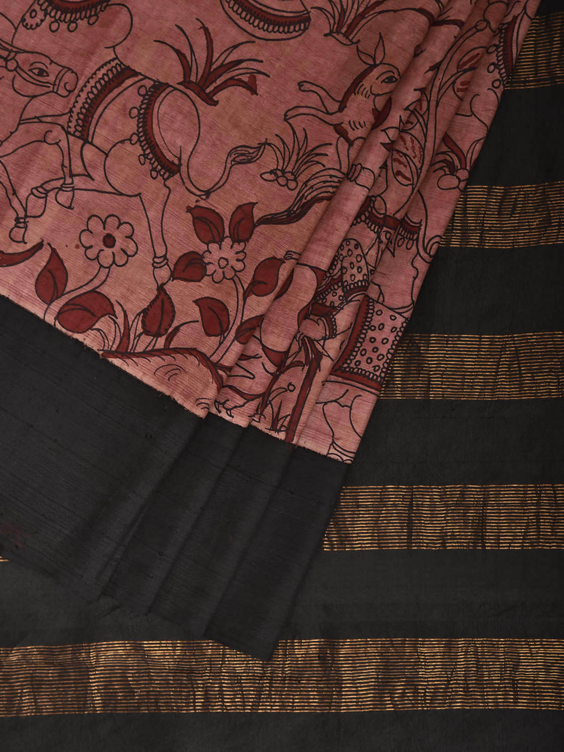 Light Pink and Black Kalamkari Hand Painted Gadwal Silk Handloom Saree with Animals and Village Theme Design KL0863