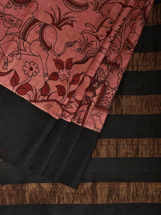 Light Pink and Black Kalamkari Hand Painted Gadwal Silk Handloom Saree with Animals and Village Theme Design KL0863