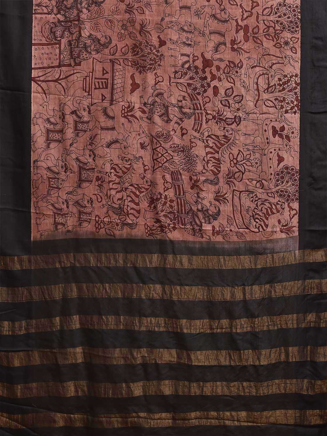 Light Pink and Black Kalamkari Hand Painted Gadwal Silk Handloom Saree with Animals and Village Theme Design KL0863