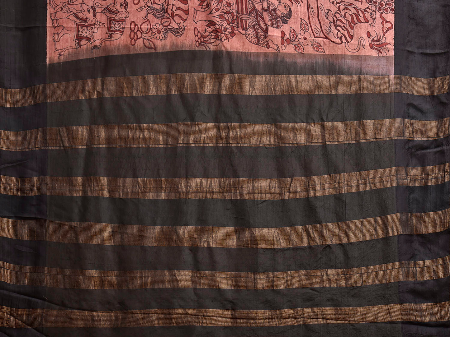 Light Pink and Black Kalamkari Hand Painted Gadwal Silk Handloom Saree with Animals and Village Theme Design KL0863