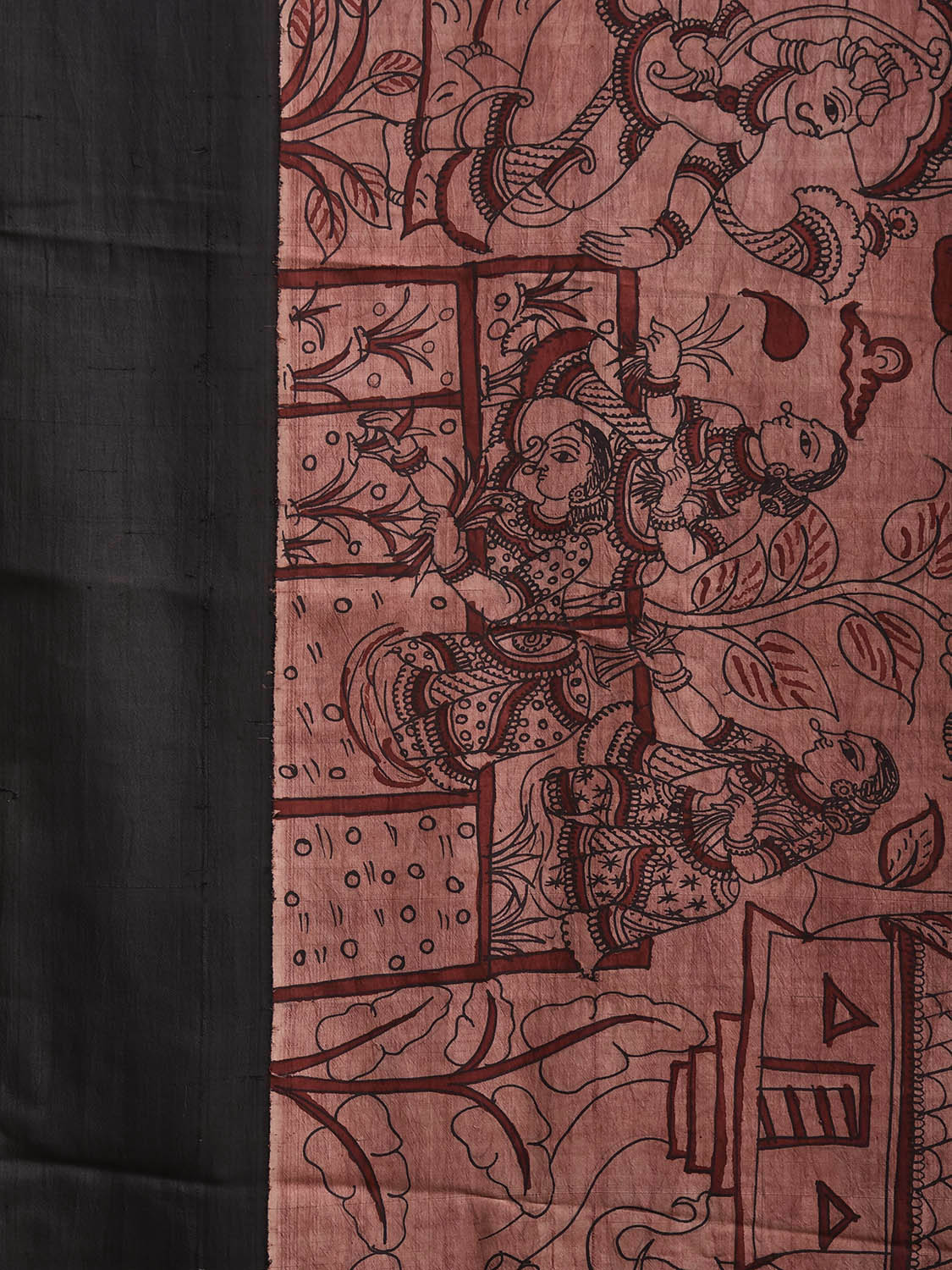 Light Pink and Black Kalamkari Hand Painted Gadwal Silk Handloom Saree with Animals and Village Theme Design KL0863