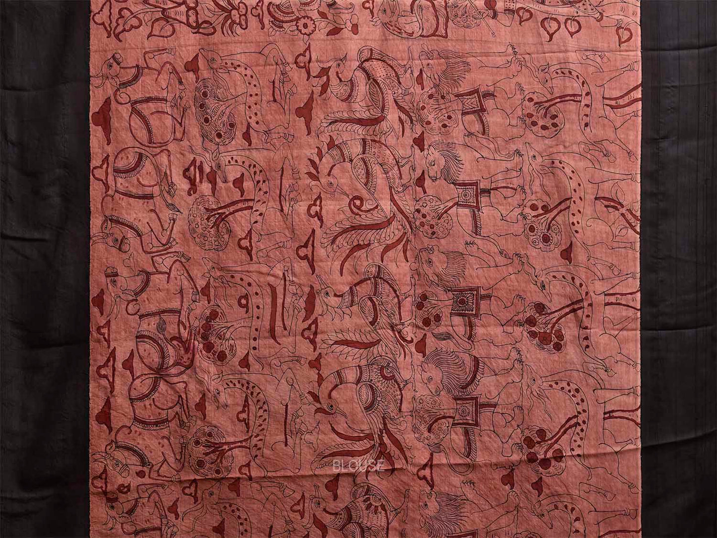 Light Pink and Black Kalamkari Hand Painted Gadwal Silk Handloom Saree with Animals and Village Theme Design KL0863