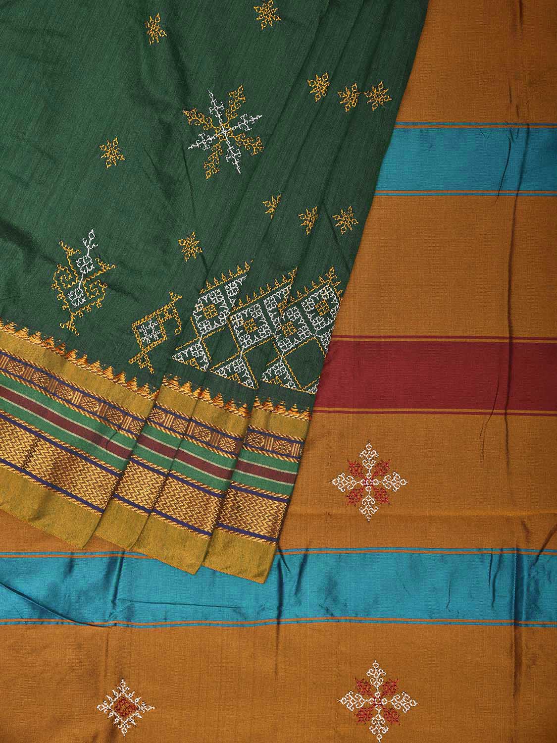 Green and Yellow Kasuti Work On ilkal Cotton Viscose Saree with Contrast Pallu Design No Blouse ku0001