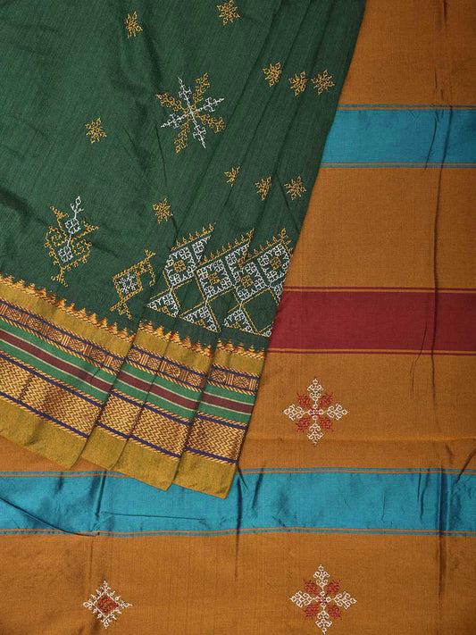 Green and Yellow Kasuti Work On ilkal Cotton Viscose Saree with Contrast Pallu Design No Blouse ku0001