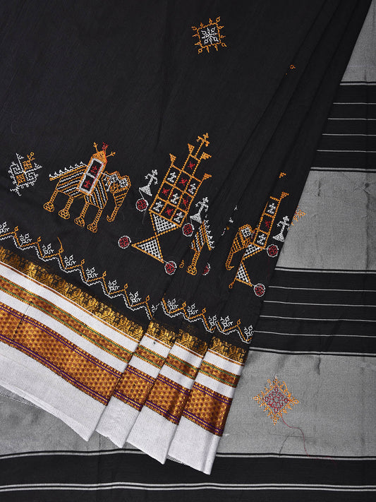 Black and White Kasuti Work On ilkal Cotton Viscose Saree with Contrast Pallu Design No Blouse ku0003