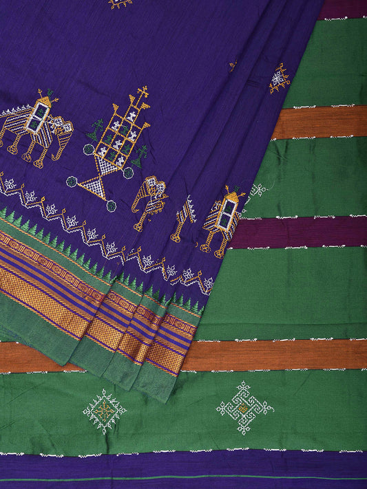 Purple and Green Kasuti Work On ilkal Cotton Viscose Saree with Contrast Pallu Design No Blouse ku0005