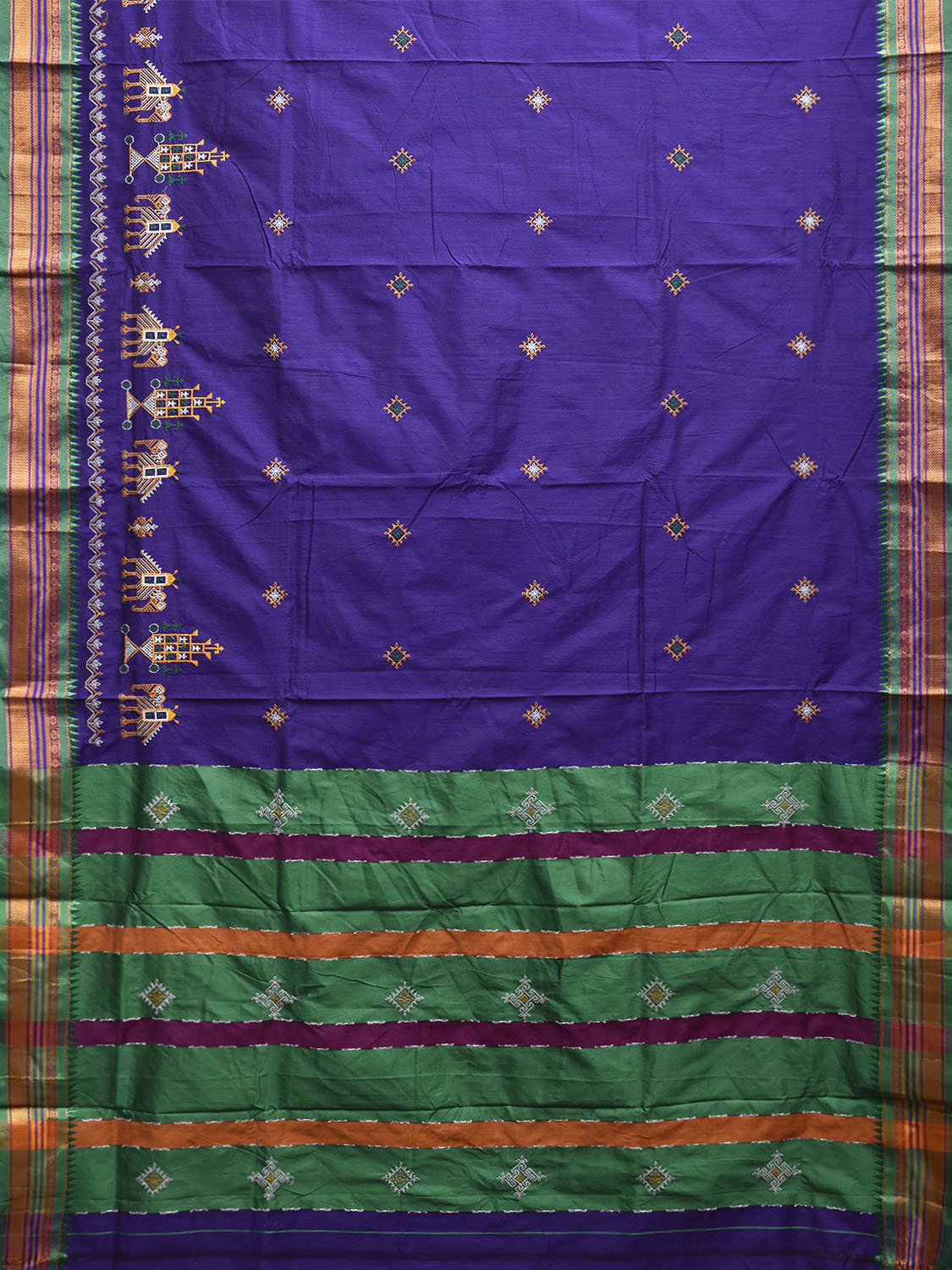 Purple and Green Kasuti Work On ilkal Cotton Viscose Saree with Contrast Pallu Design No Blouse ku0005