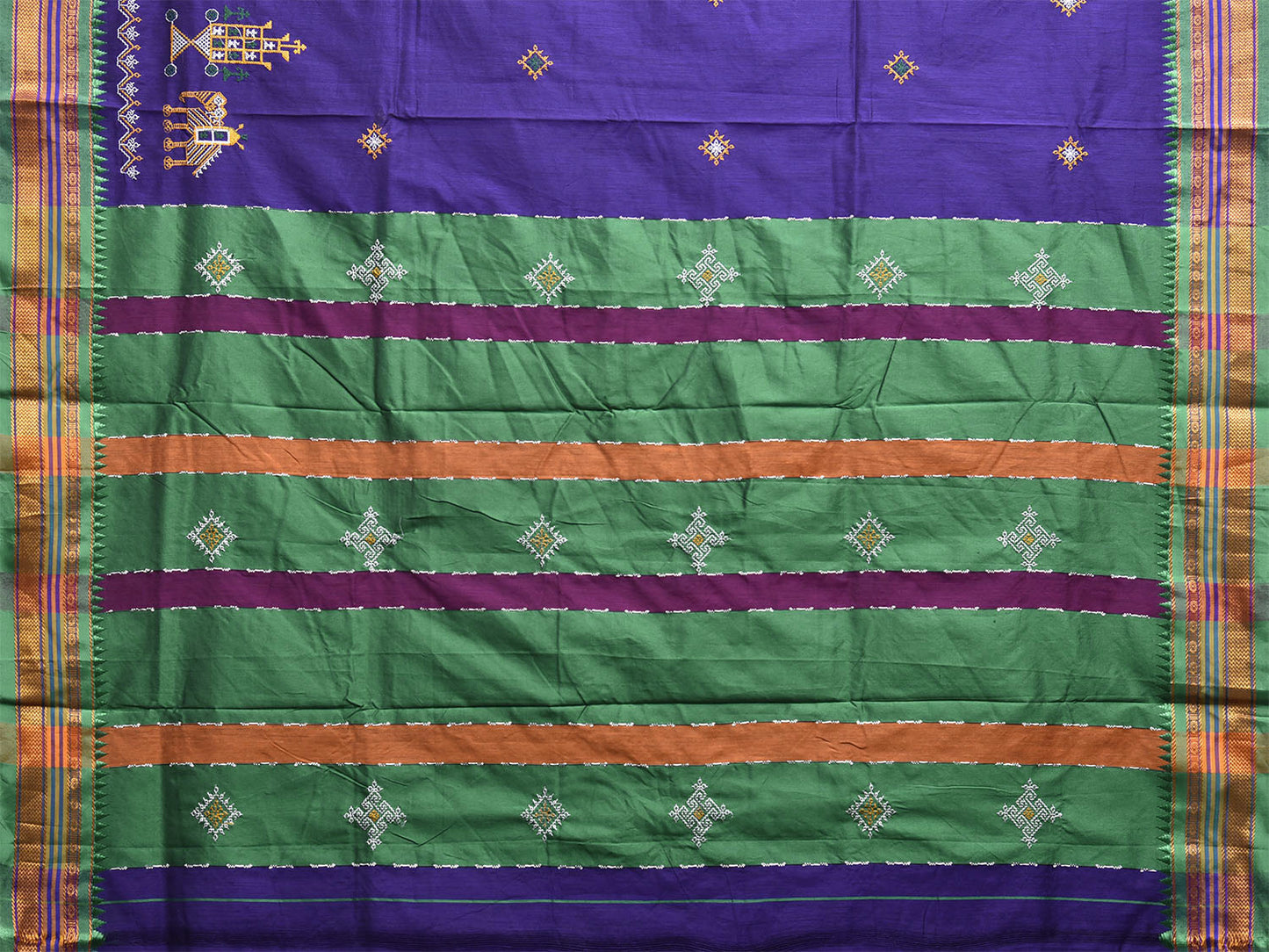 Purple and Green Kasuti Work On ilkal Cotton Viscose Saree with Contrast Pallu Design No Blouse ku0005