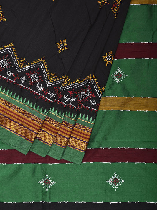Black and Green Kasuti Work On ilkal Cotton Viscose Saree with Contrast Pallu Design No Blouse ku0006