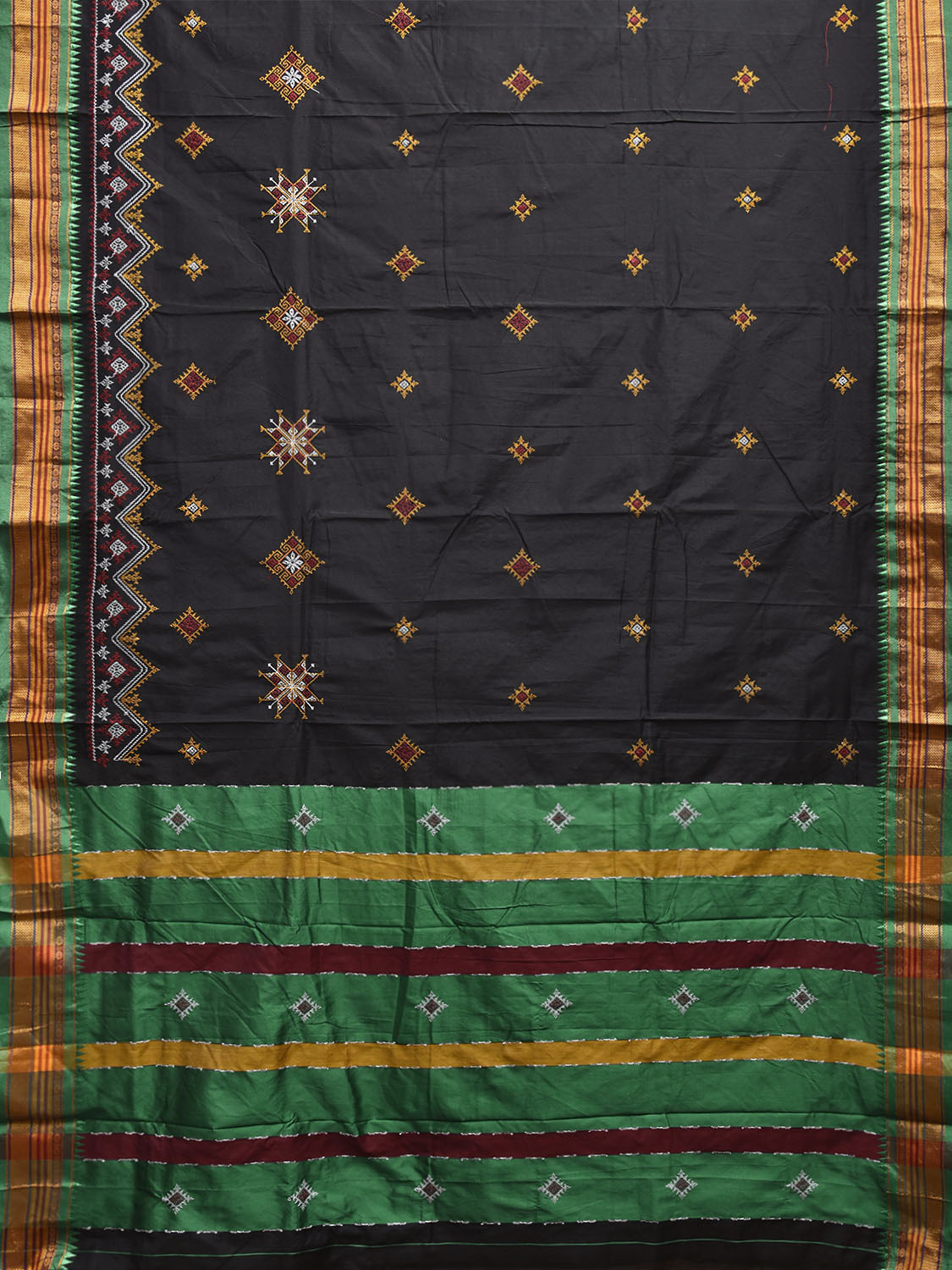 Black and Green Kasuti Work On ilkal Cotton Viscose Saree with Contrast Pallu Design No Blouse ku0006