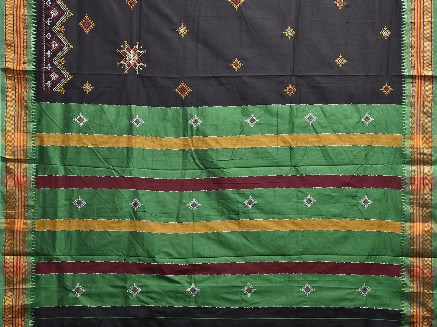 Black and Green Kasuti Work On ilkal Cotton Viscose Saree with Contrast Pallu Design No Blouse ku0006