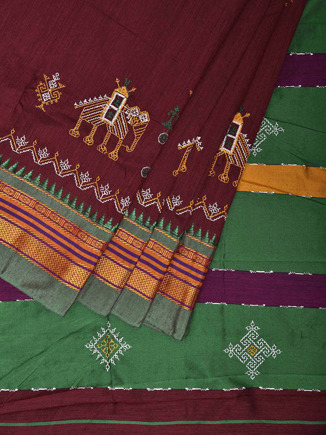 Maroon and Green Kasuti Work On ilkal Cotton Viscose Saree with Contrast Pallu Design No Blouse ku0007