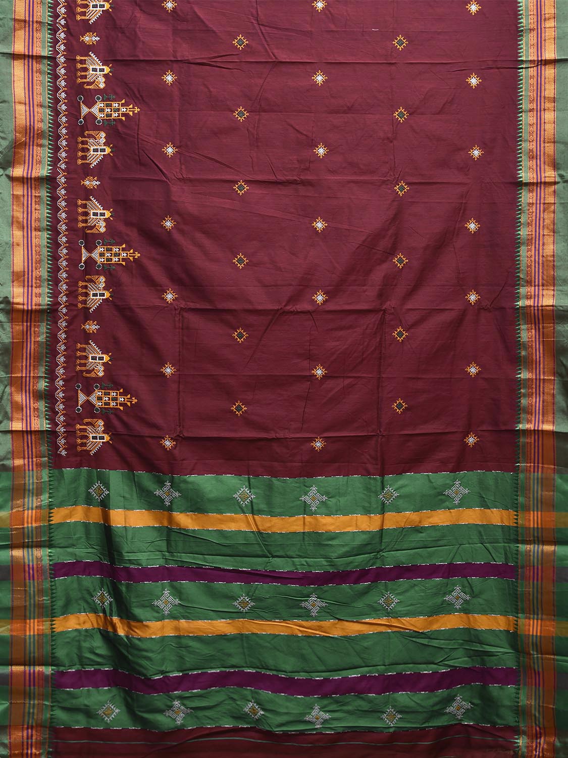 Maroon and Green Kasuti Work On ilkal Cotton Viscose Saree with Contrast Pallu Design No Blouse ku0007