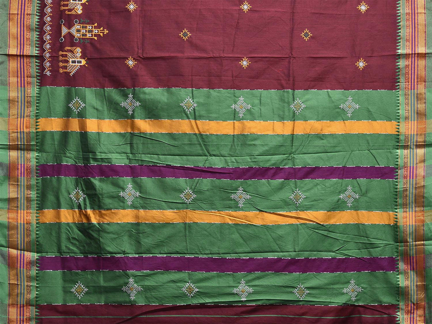 Maroon and Green Kasuti Work On ilkal Cotton Viscose Saree with Contrast Pallu Design No Blouse ku0007