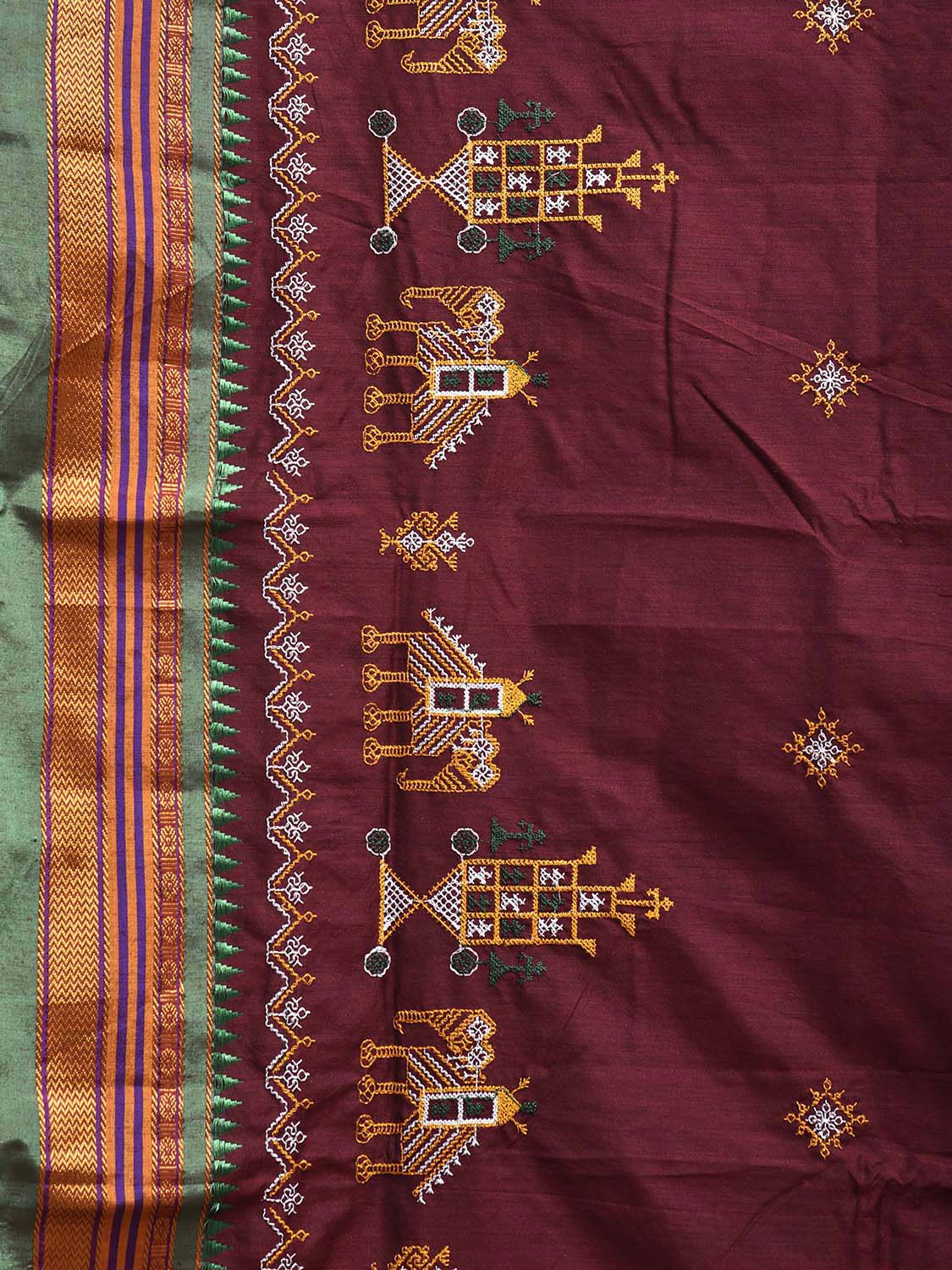 Maroon and Green Kasuti Work On ilkal Cotton Viscose Saree with Contrast Pallu Design No Blouse ku0007
