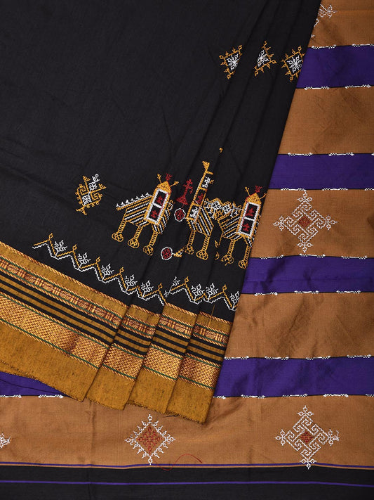 Black and Yellow Kasuti Work On ilkal Cotton Viscose Saree with Contrast Pallu Design No Blouse ku0008
