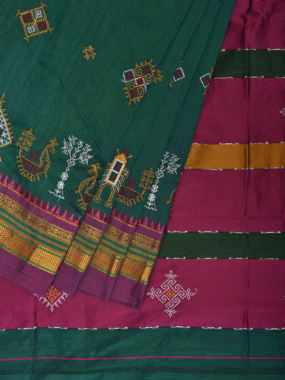 Green and Pink Kasuti Work On ilkal Cotton Viscose Saree with Contrast Pallu Design No Blouse ku0009