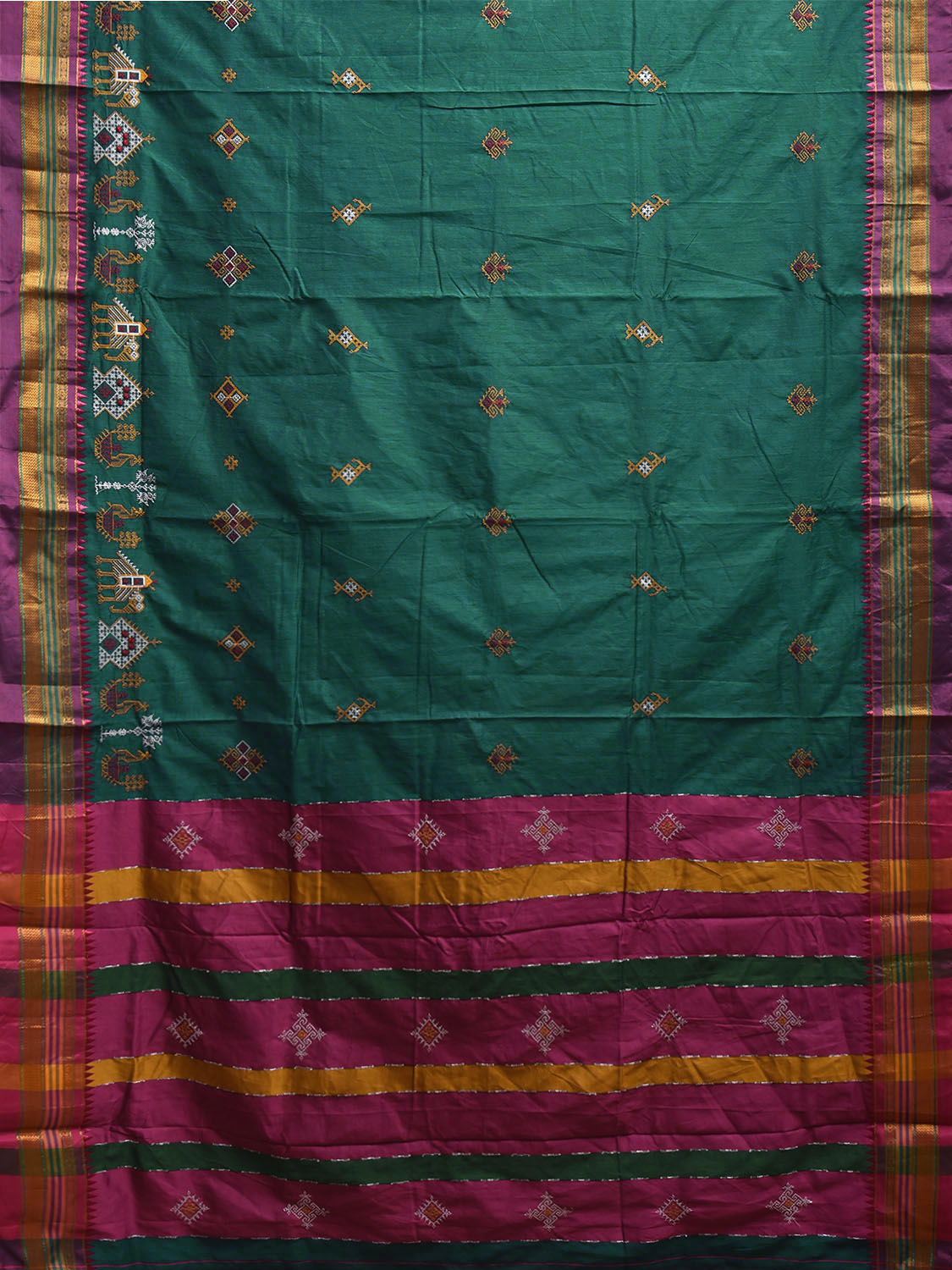 Green and Pink Kasuti Work On ilkal Cotton Viscose Saree with Contrast Pallu Design No Blouse ku0009