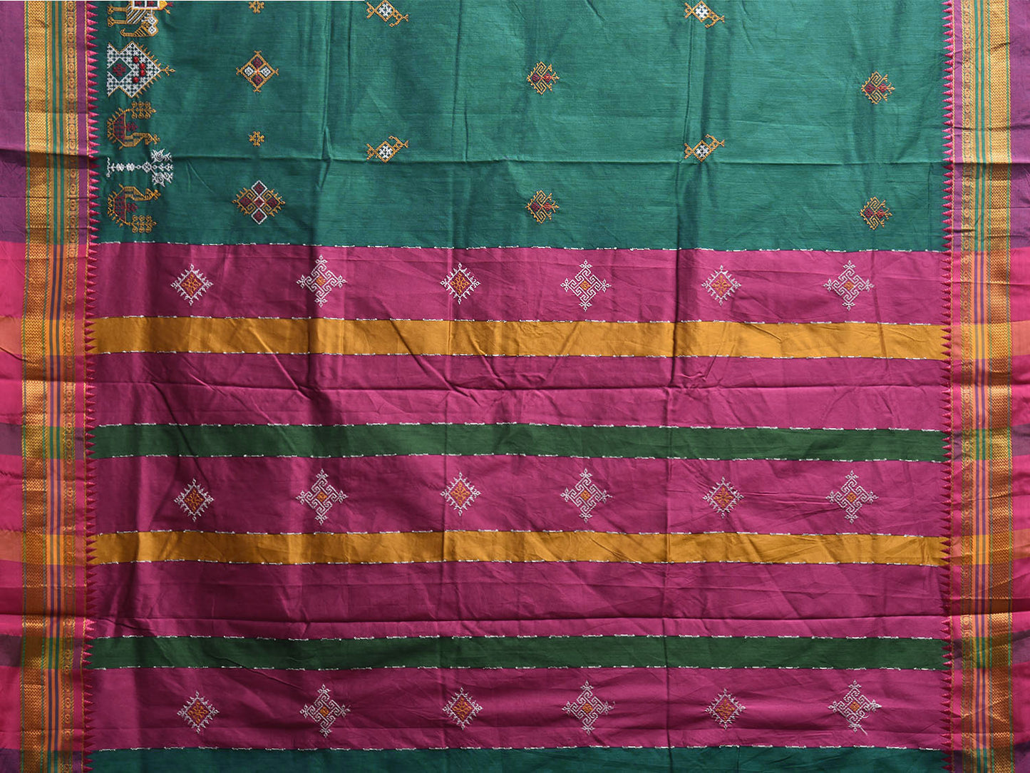 Green and Pink Kasuti Work On ilkal Cotton Viscose Saree with Contrast Pallu Design No Blouse ku0009