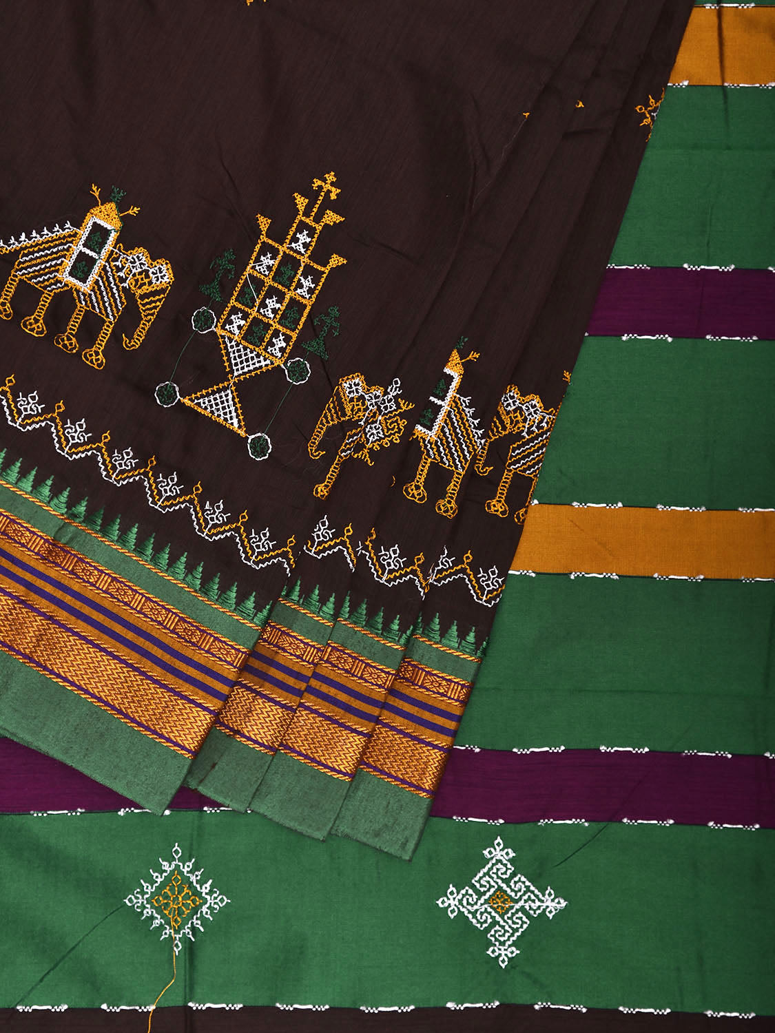 Brown and Green Kasuti Work On ilkal Cotton Viscose Saree with Contrast Pallu Design No Blouse ku0010