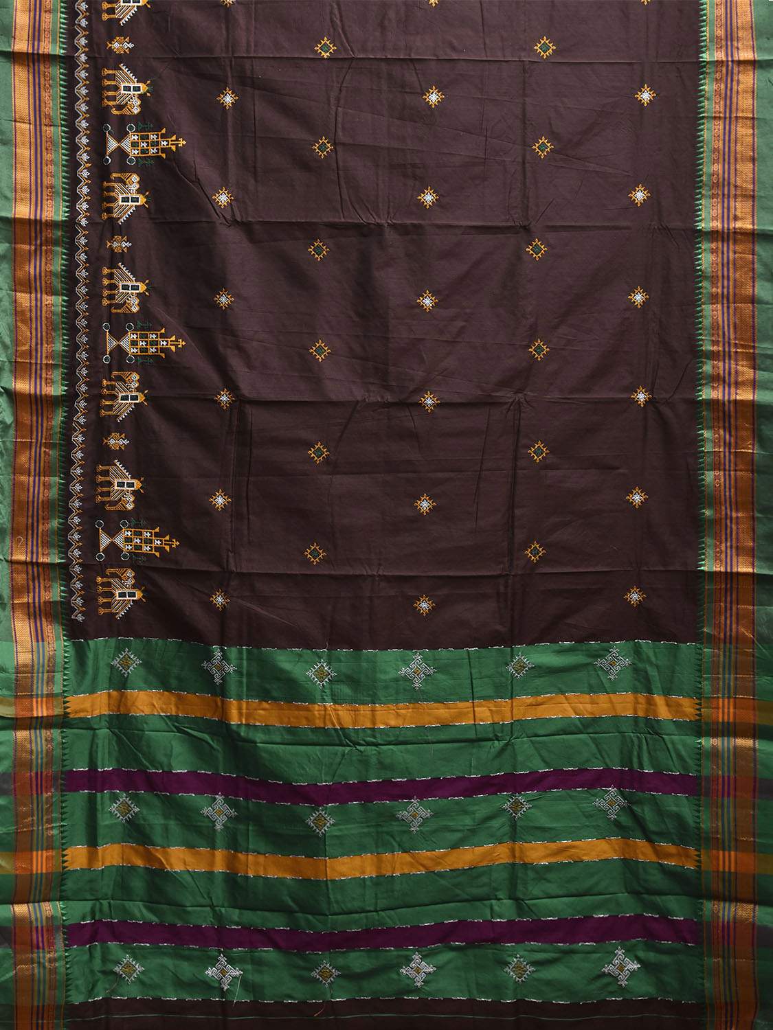 Brown and Green Kasuti Work On ilkal Cotton Viscose Saree with Contrast Pallu Design No Blouse ku0010
