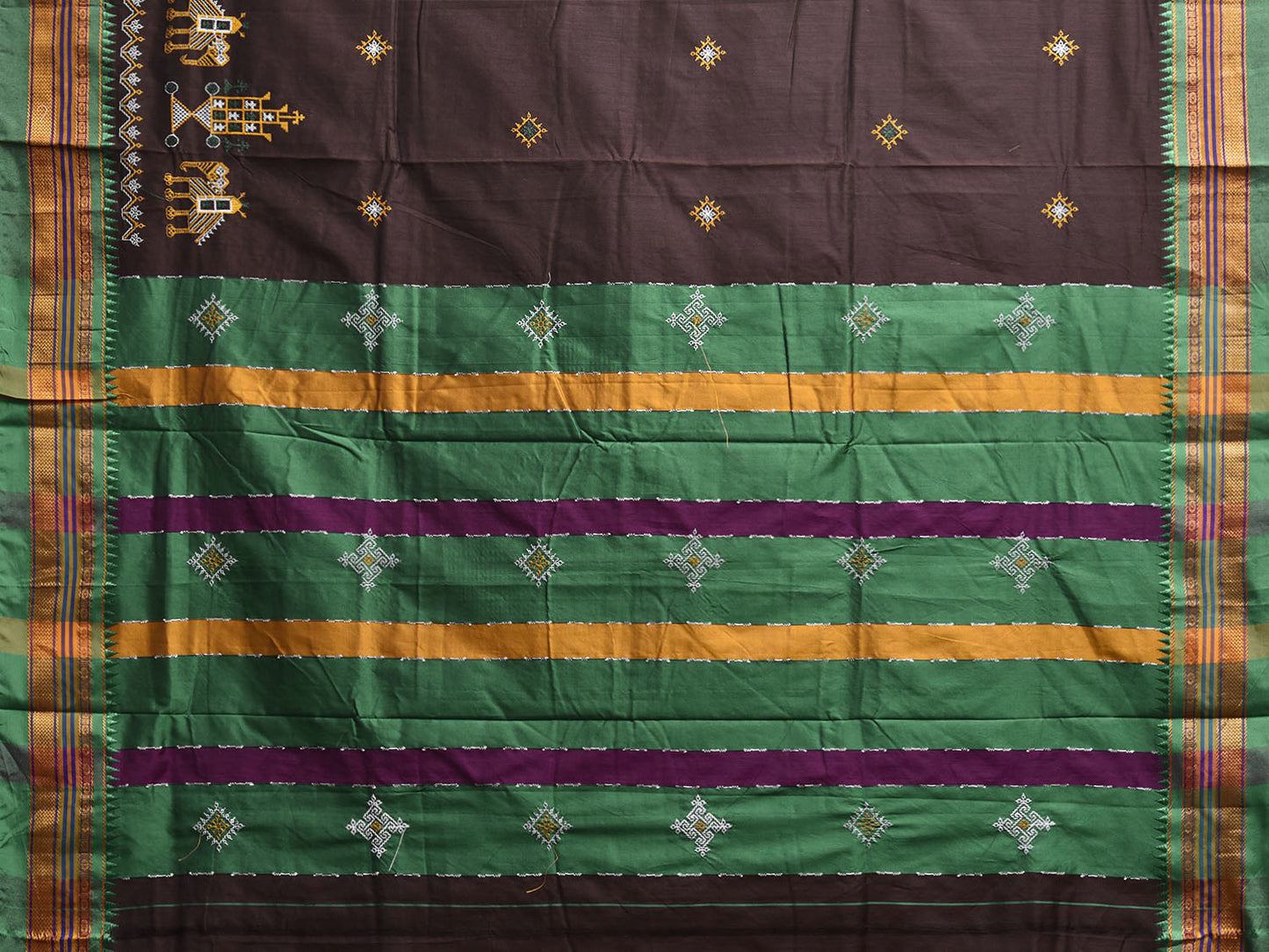 Brown and Green Kasuti Work On ilkal Cotton Viscose Saree with Contrast Pallu Design No Blouse ku0010