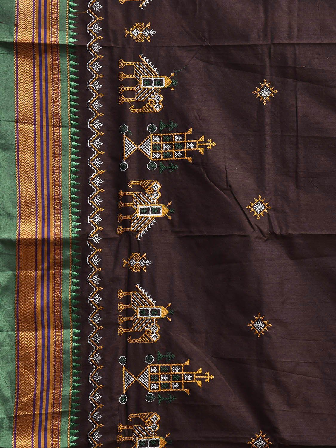 Brown and Green Kasuti Work On ilkal Cotton Viscose Saree with Contrast Pallu Design No Blouse ku0010