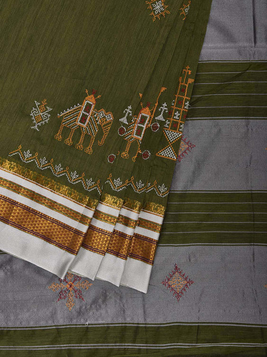 Olive and White Kasuti Work On ilkal Cotton Viscose Saree with Contrast Pallu Design No Blouse ku0011