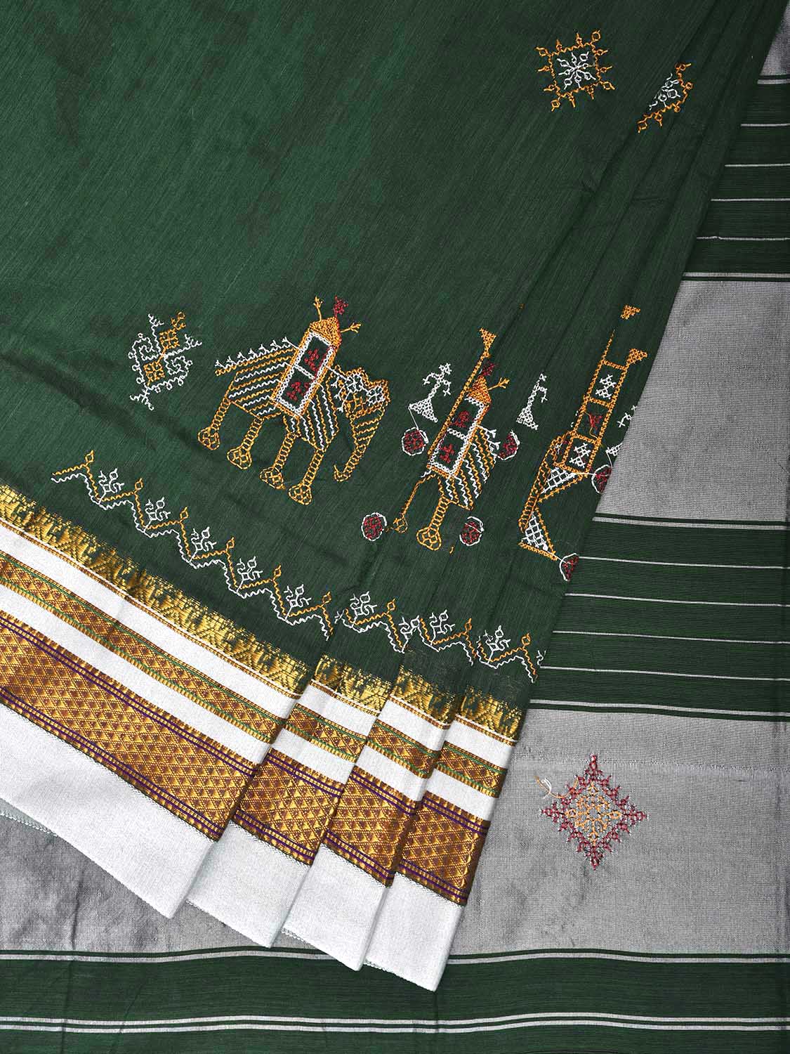 Green and White Kasuti Work On ilkal Cotton Viscose Saree with Contrast Pallu Design No Blouse ku0012