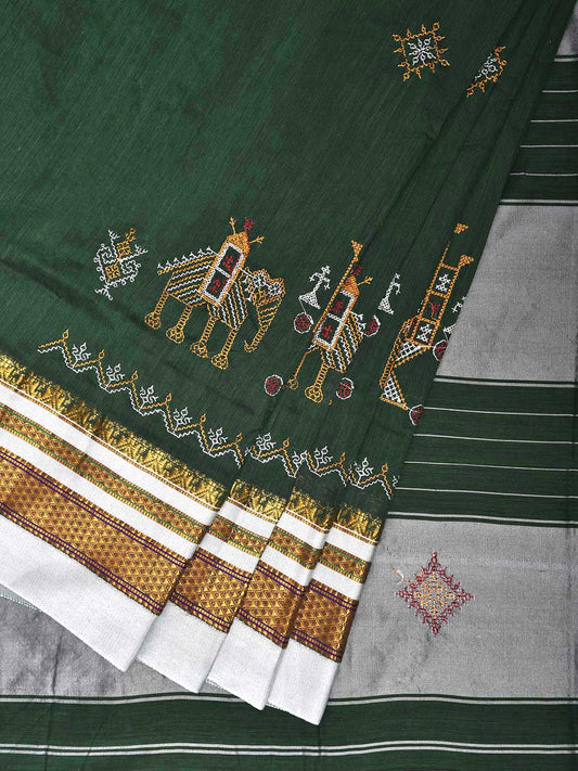 Green and White Kasuti Work On ilkal Cotton Viscose Saree with Contrast Pallu Design No Blouse ku0012