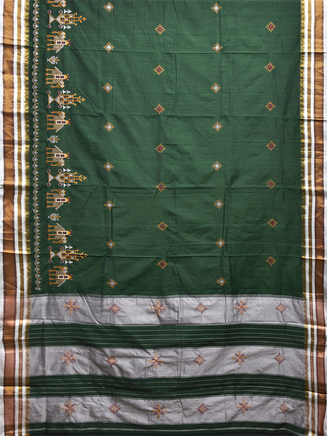 Green and White Kasuti Work On ilkal Cotton Viscose Saree with Contrast Pallu Design No Blouse ku0012
