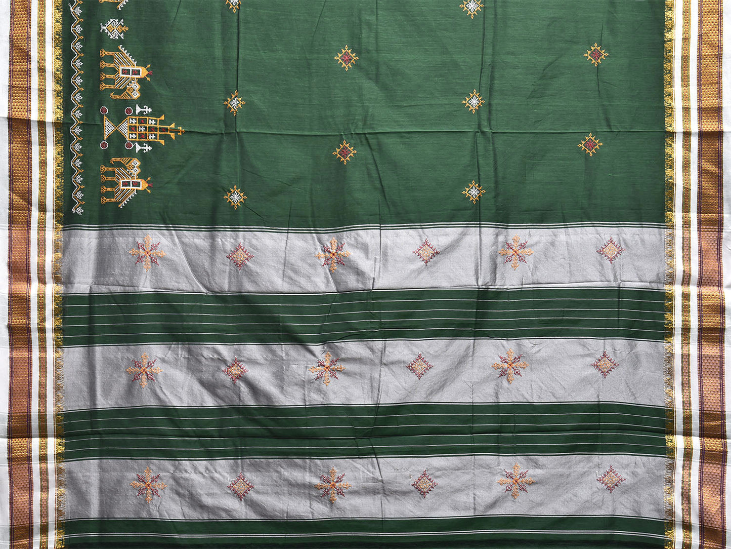 Green and White Kasuti Work On ilkal Cotton Viscose Saree with Contrast Pallu Design No Blouse ku0012