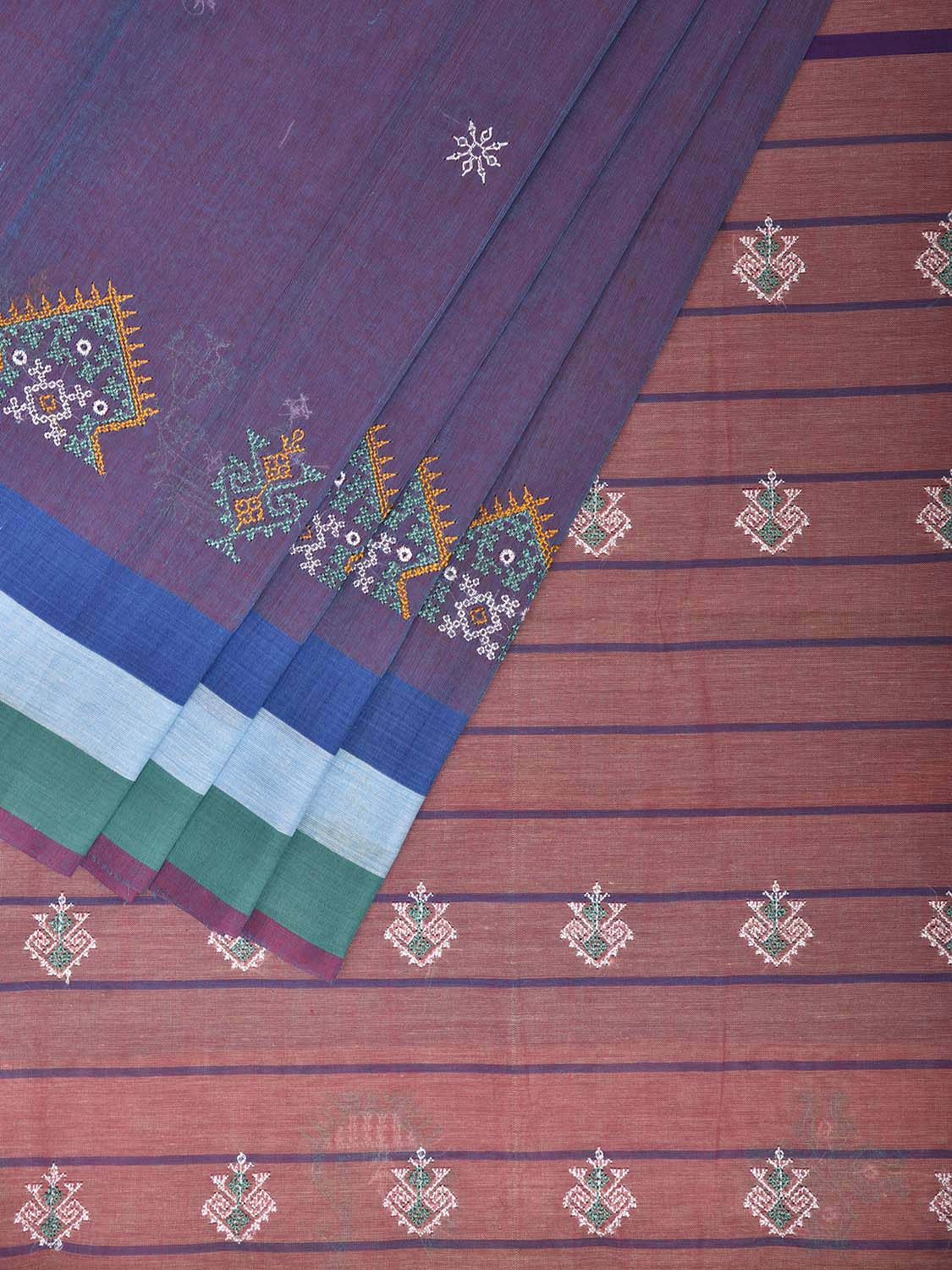 Purple and Turquoise Kasuti Venkatagiri Cotton Handloom Saree with Buta and Border Work Design ku0030