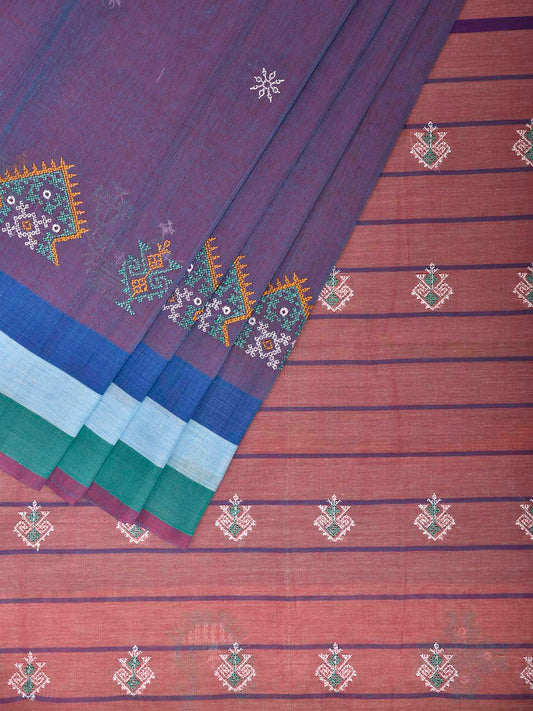 Purple and Turquoise Kasuti Venkatagiri Cotton Handloom Saree with Buta and Border Work Design ku0030