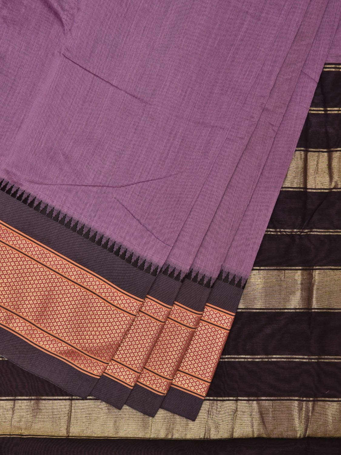 Lavender and Black Bamboo Cotton Plain Saree with Contrast Pallu & Zari Border Design No Blouse bc0316