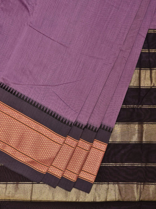 Lavender and Black Bamboo Cotton Plain Saree with Contrast Pallu & Zari Border Design No Blouse bc0316