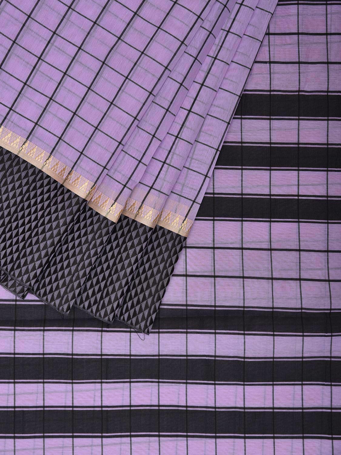 Lavender and Black Bamboo Cotton Saree with Checks Design No Blouse bc0676