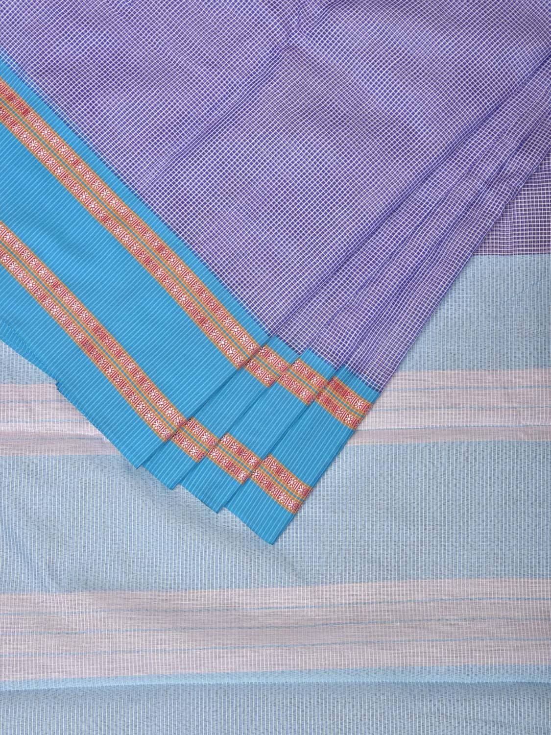 Lavender and Blue Bamboo Cotton Saree with Small Checks Design No Blouse bc0148