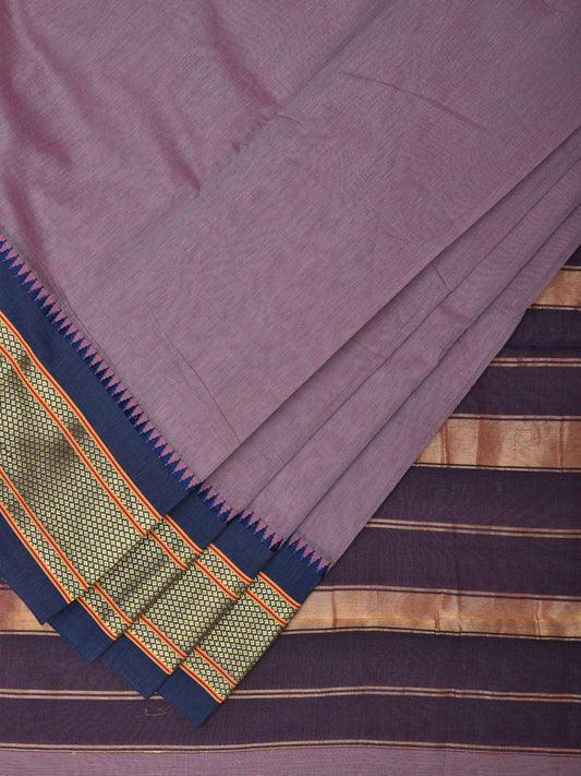 Lavender and Dark Blue Bamboo Cotton Plain Saree with Zari Border Design bc0098
