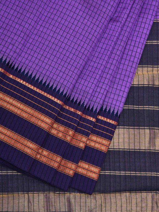 Lavender and Dark Blue Bamboo Cotton Silk Saree with Checks Design bc0059