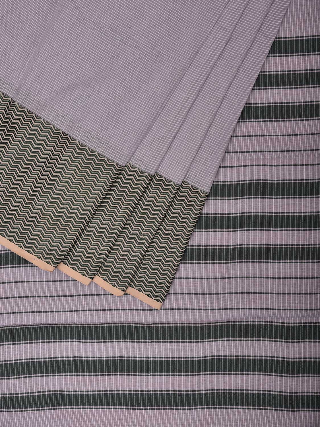 Lavender and Green Bamboo Cotton Saree with Strips and Zig-Zag Border Design No Blouse bc0563