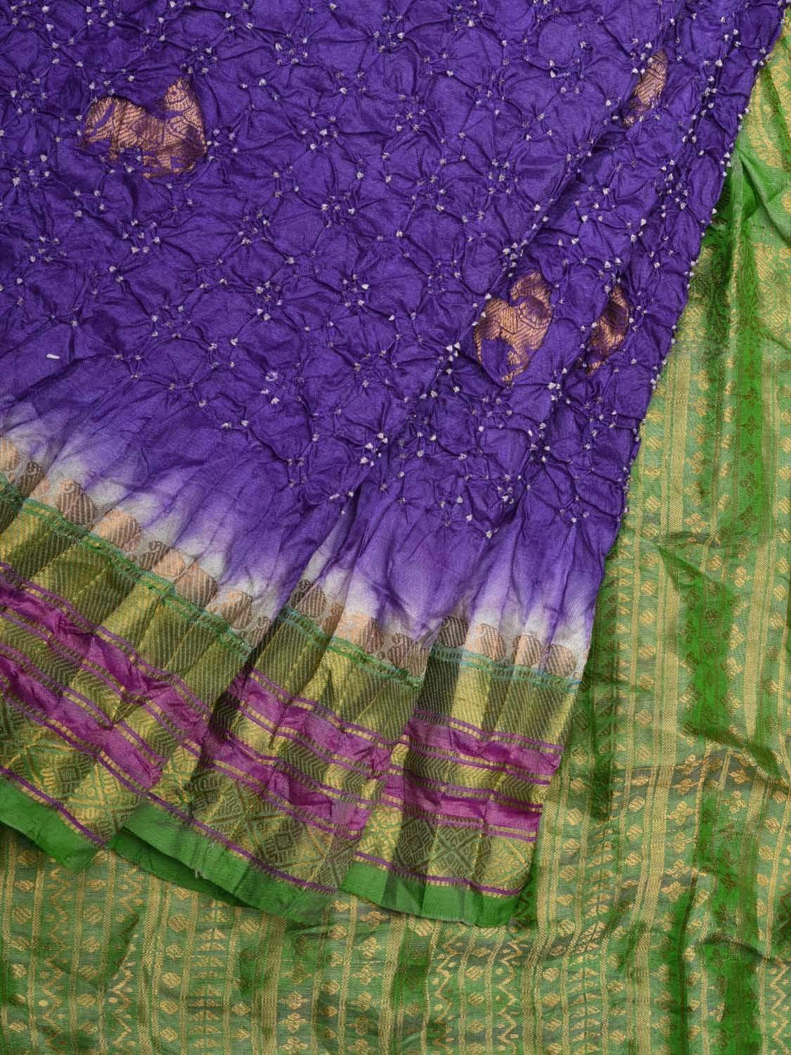Lavender and Green Bandhani Gadwal Silk Handloom Saree with Body Buta Design bn0305