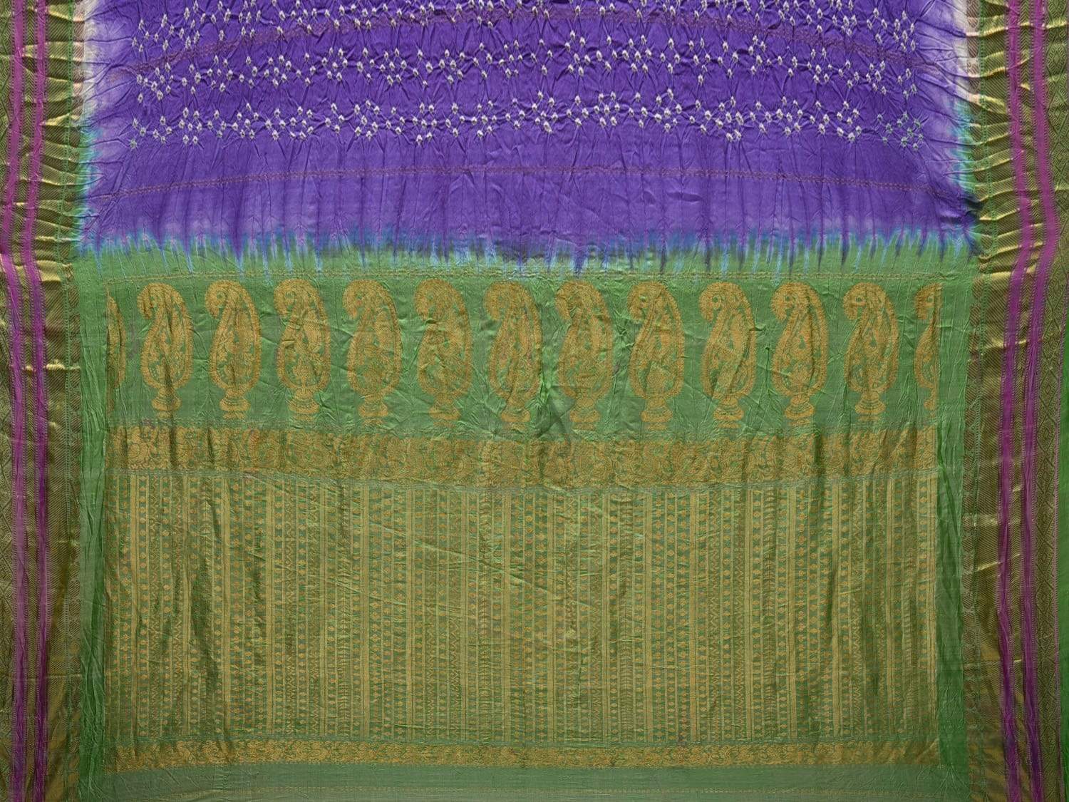 Lavender and Green Bandhani Gadwal Silk Handloom Saree with Body Buta Design bn0305