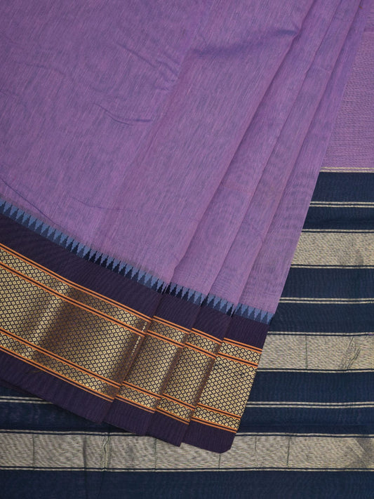 Lavender Bamboo Cotton Plain Saree with Narayanpet Border Design No Blouse o0348