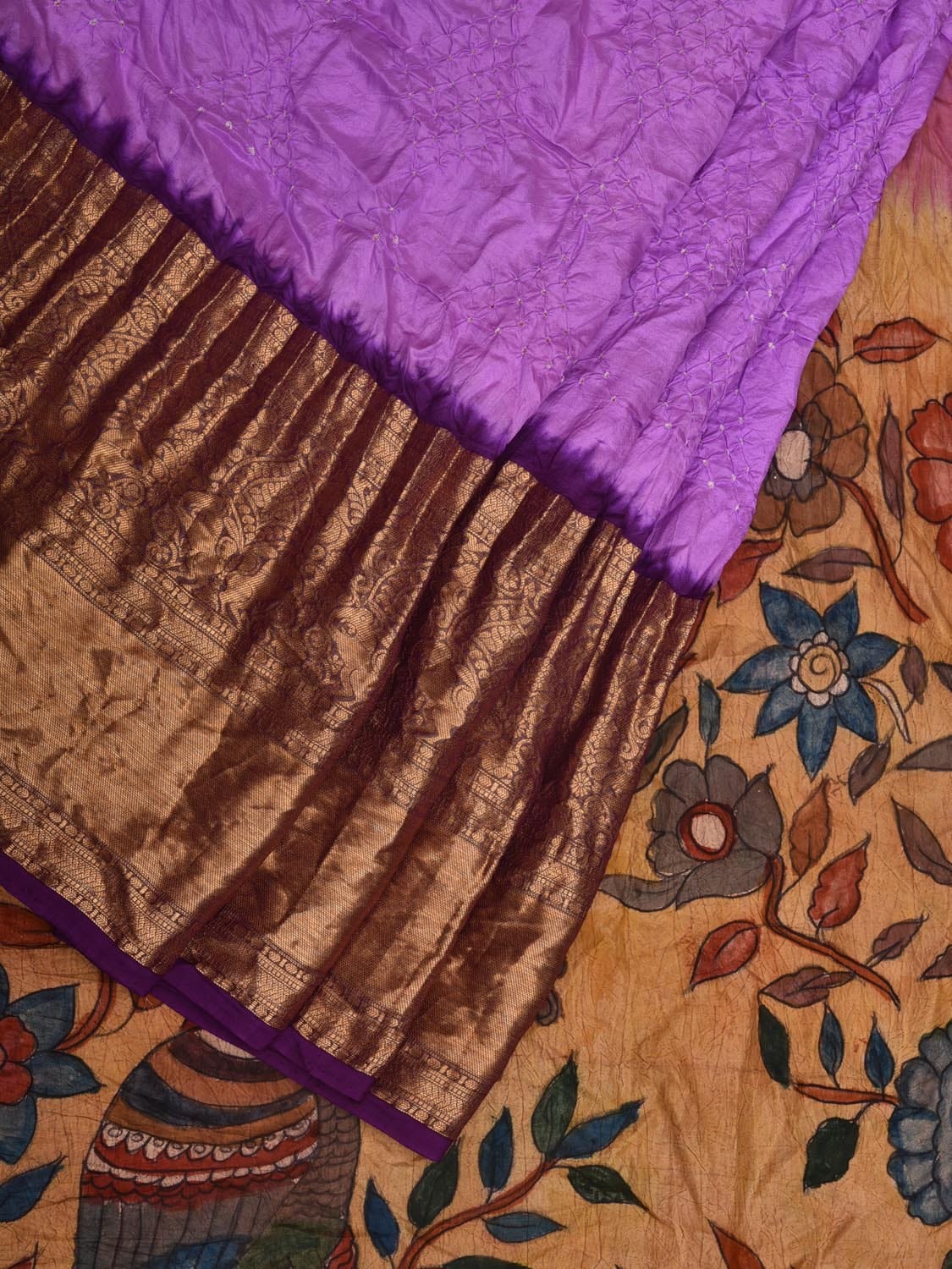 Lavender Bandhani Kanchipuram Silk Handloom Saree with Kalamkari Pallu and Blouse Design bn0396