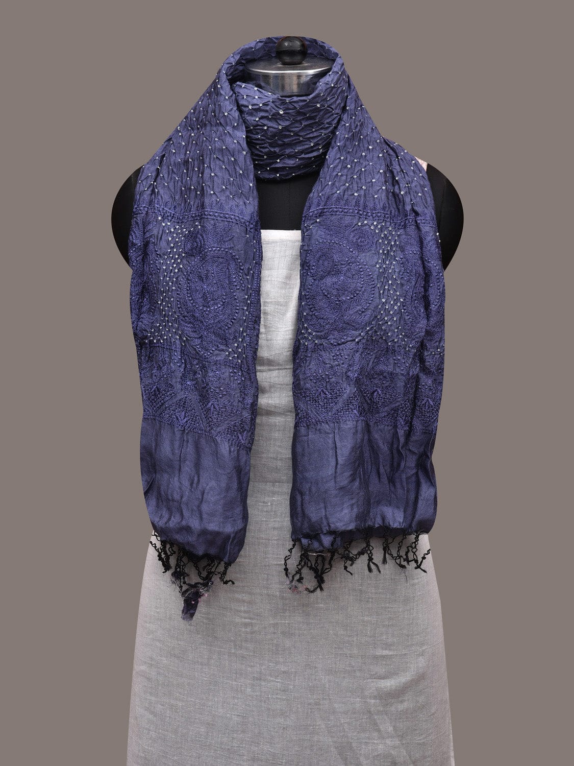 Lavender Bandhani Silk Stole with Embroidary Work Design ds2851