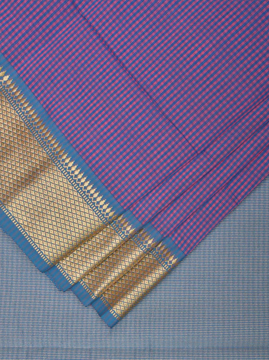 Lavnder and Blue Bamboo Cotton Saree with Small Checks Design No Blouse bc0320