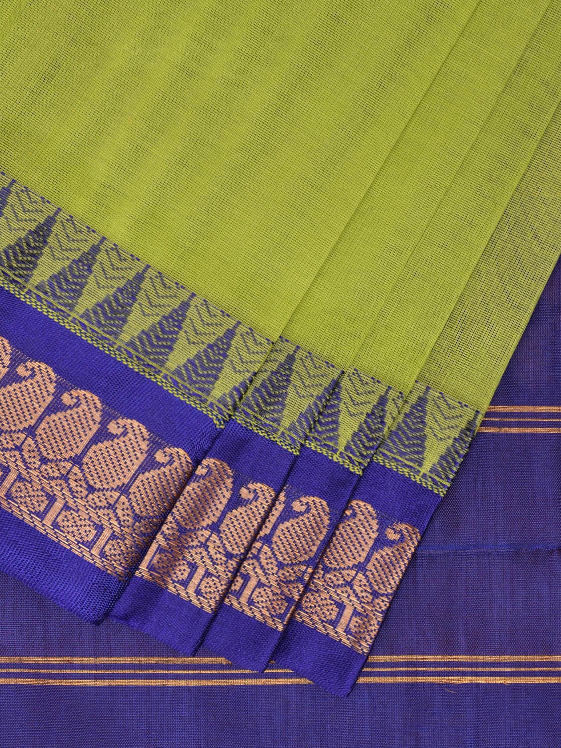 Lemon Green and Dark Blue Gadwal Cotton Plain Saree with Strips Pallu and Border Design No Blouse g0398