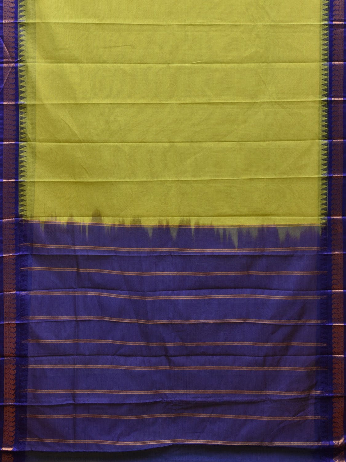 Lemon Green and Dark Blue Gadwal Cotton Plain Saree with Strips Pallu and Border Design No Blouse g0398