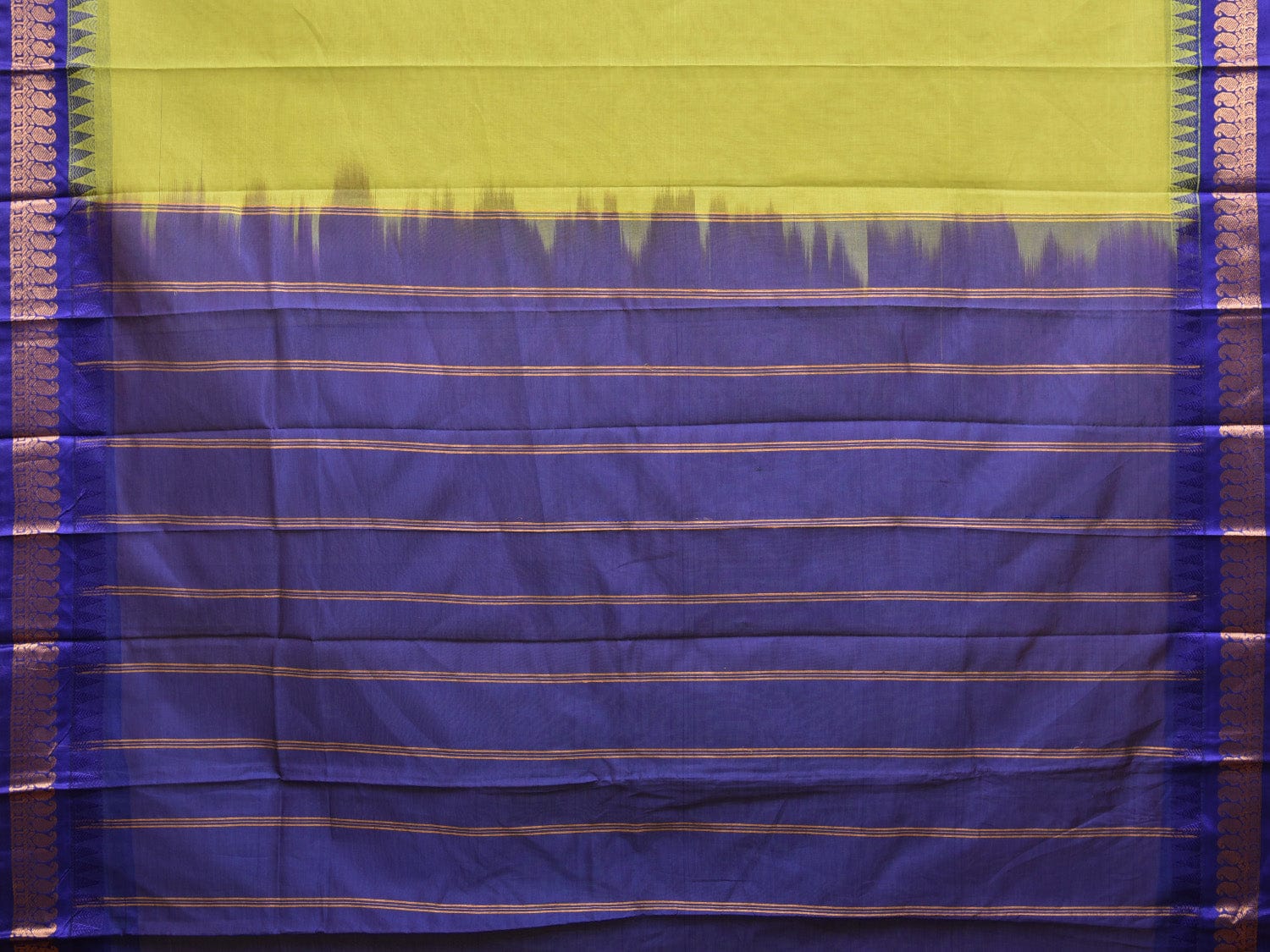 Lemon Green and Dark Blue Gadwal Cotton Plain Saree with Strips Pallu and Border Design No Blouse g0398